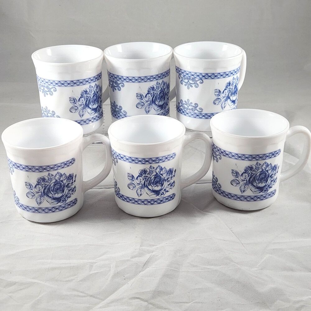 Six Arcopal Honorine Blue Floral Scalloped Opal Milk Glass Coffee Mugs Farmhouse